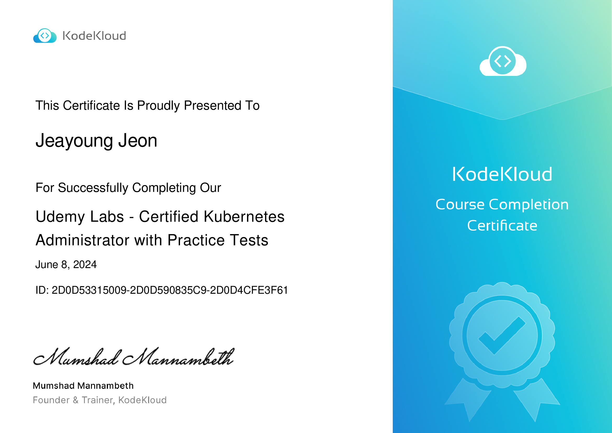 KodeKloud Course Completion Certificate